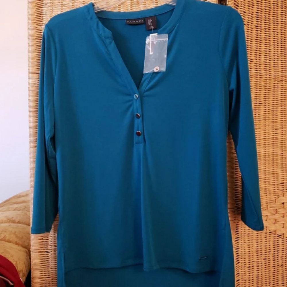 Tahari Blue 3/4 Sleeve Blouse with Mandarin Collar